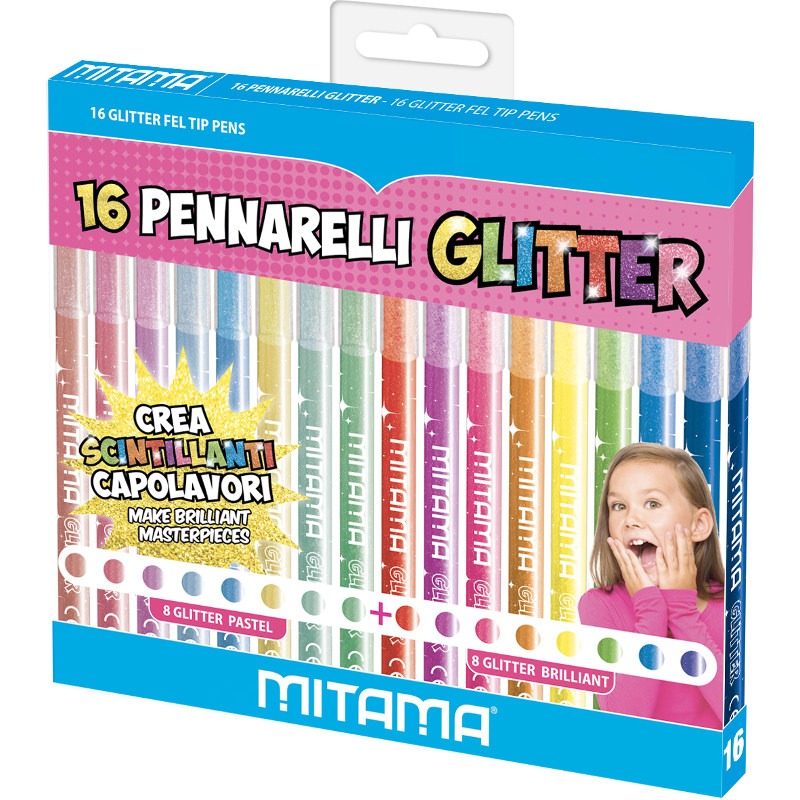 Pennarelli Glitter Mitama, Triangolari, Punta fine, 8 Pastel + 8 Brillanti  in Pet Box da 16 pezzi [cod. 62845] - Mitama